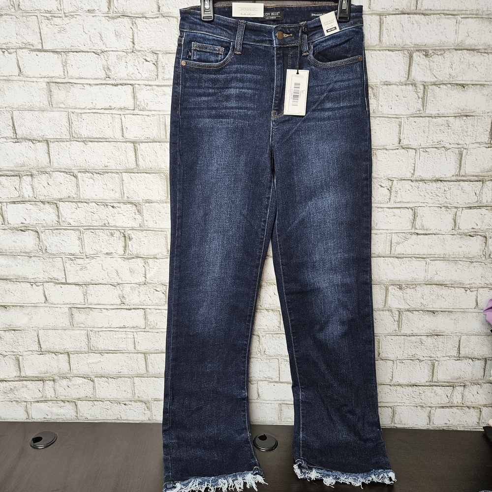 NWT Judy Blue Jeans Mid Rise Straight Fit Dark Wash Jeans Size 7 28 Raw Hem